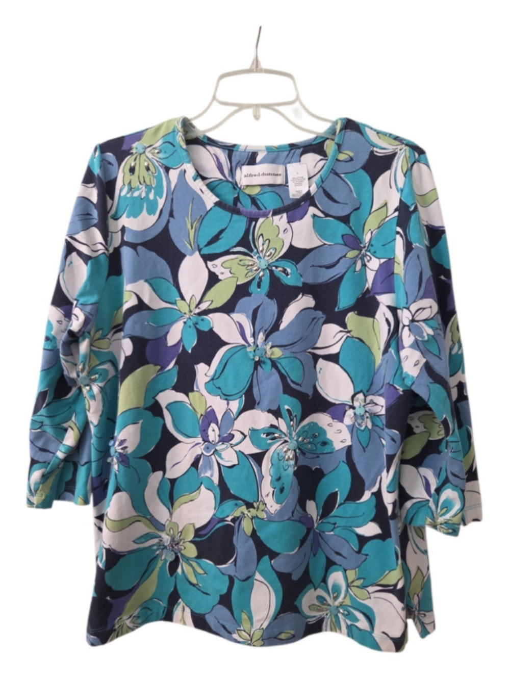 Alfred Dunner Women's Floral Embellished 3/4 Sleeve Top Large Multi-Color